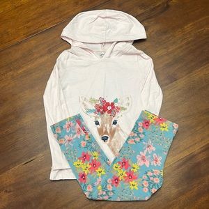 Carters Girls Outfit. Pink Hooded Top with Deer and matching Blue Flower Pants.